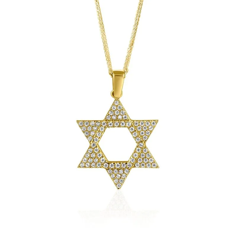 14K Gold Pendant Magen David Shape Inlaid With Cubic Zirconia