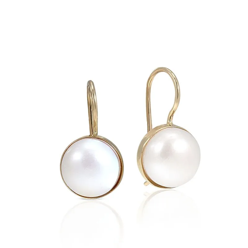 14K Yellow Gold Round White Pearl 8mm Dangle Earrings