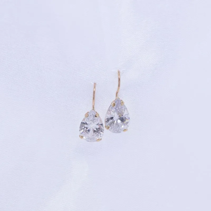 14K Yellow Gold Teardrop White Cubic Zirconia 7X10mm Dangle Earrings