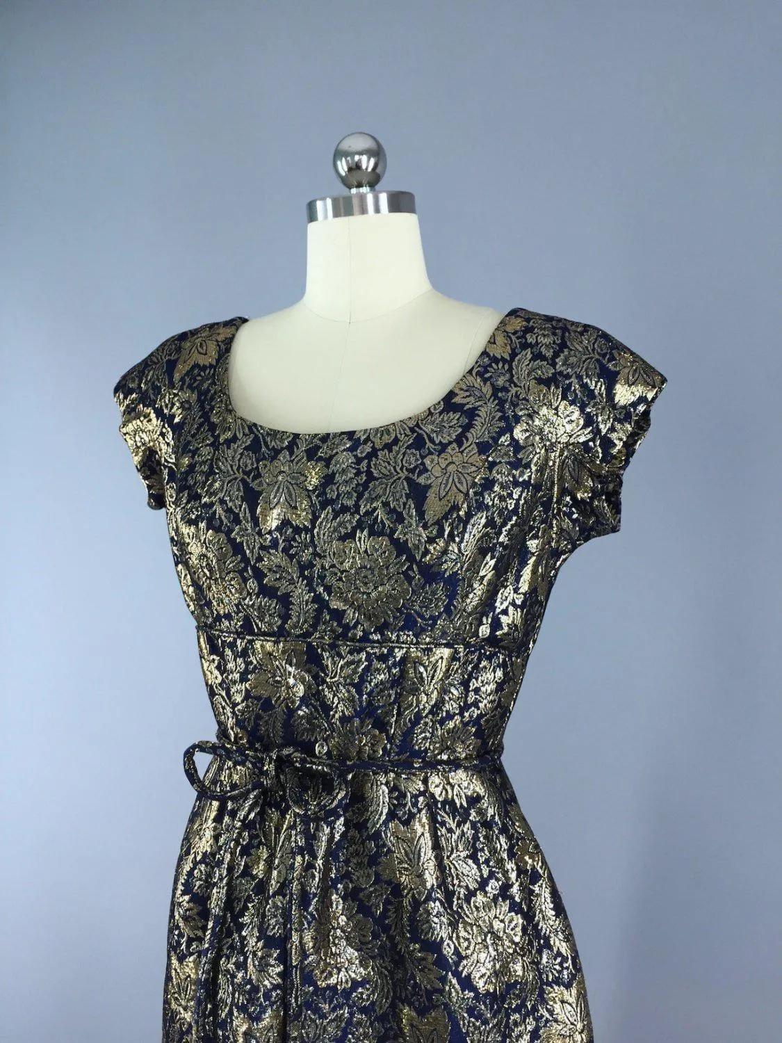 1950s Vintage Harmay Blue and Gold Brocade Party Dress