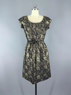 1950s Vintage Harmay Blue and Gold Brocade Party Dress