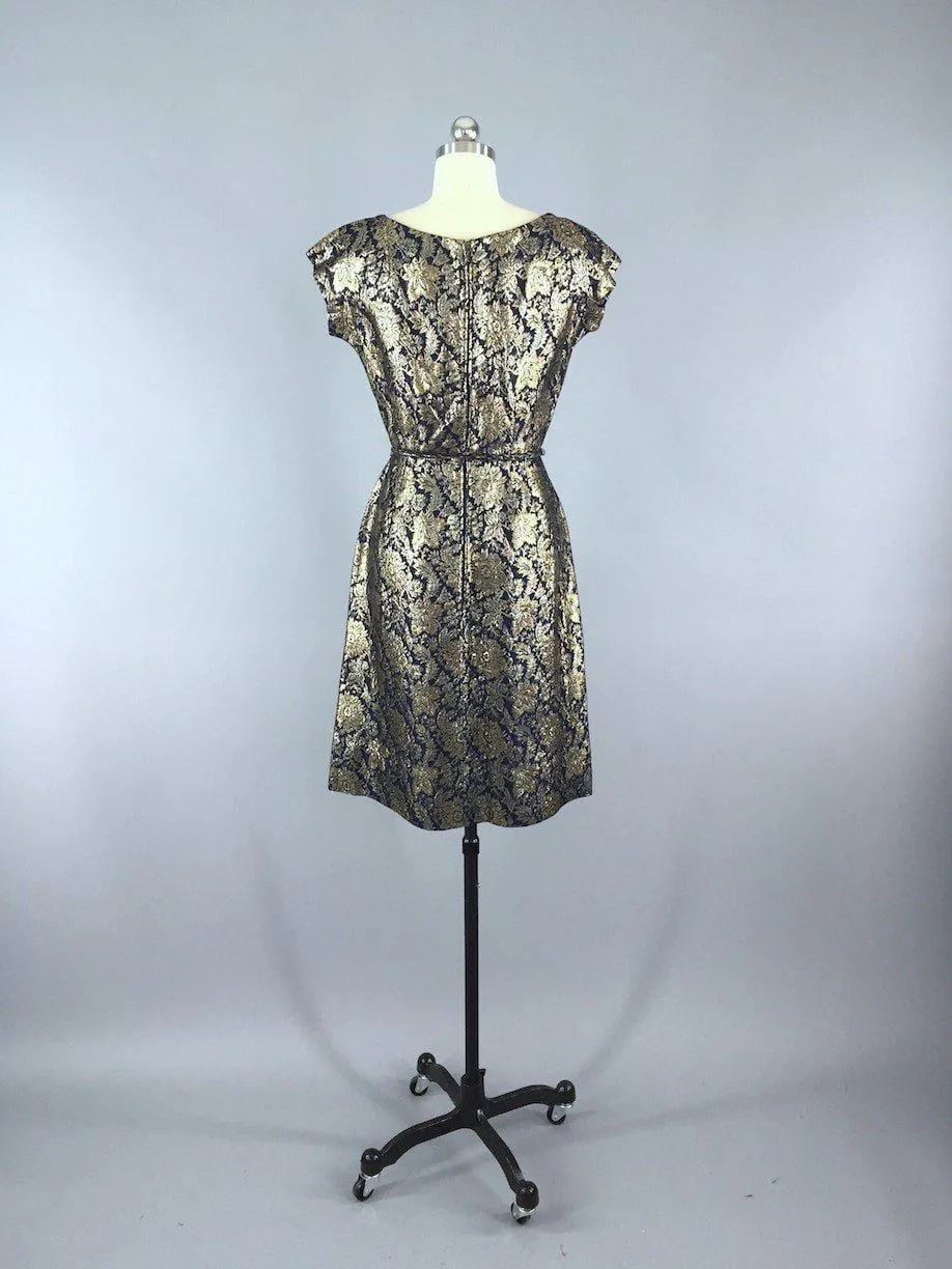 1950s Vintage Harmay Blue and Gold Brocade Party Dress