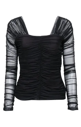 A.L.C. - Black Ruched Long Sleeve Mesh Top Sz L