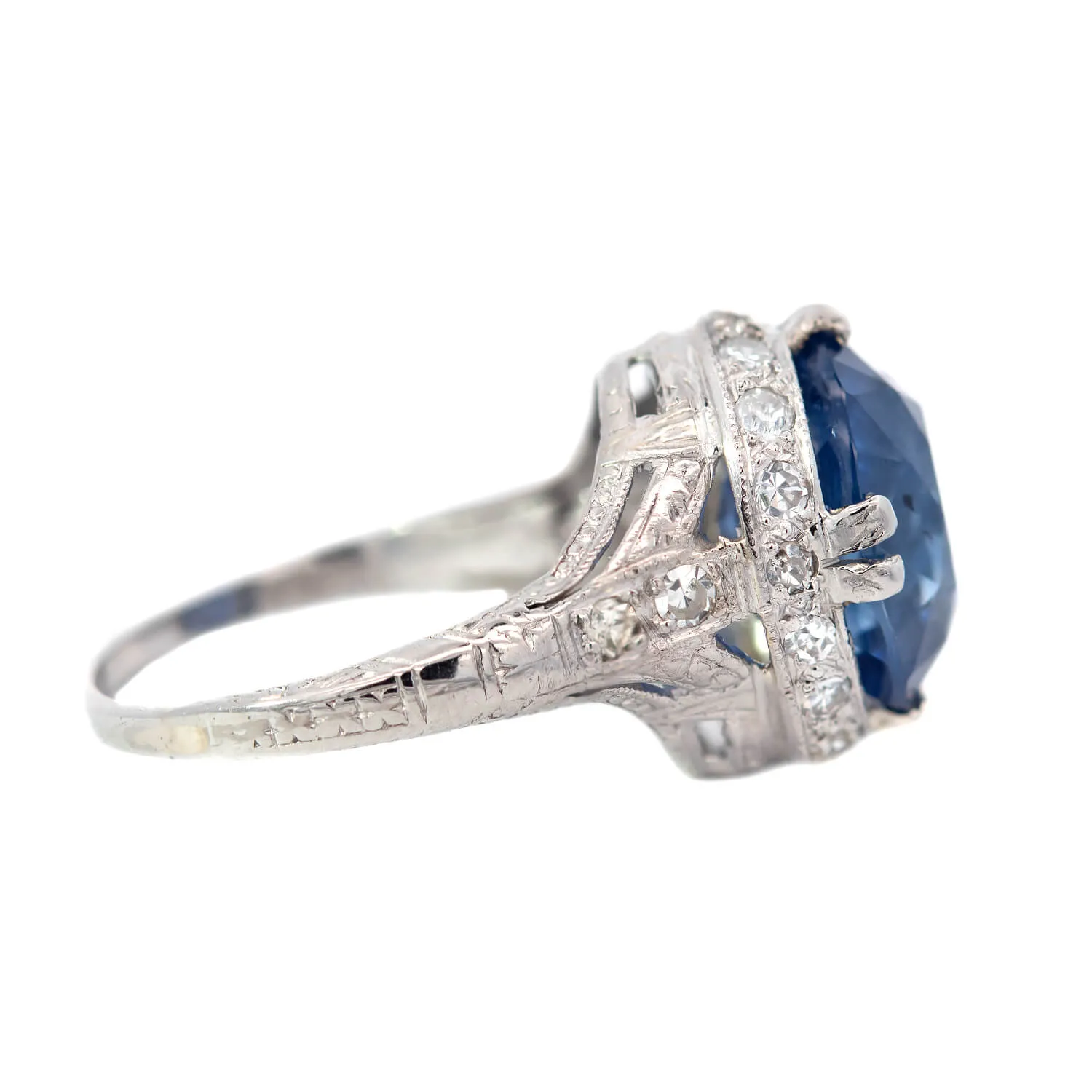 Art Deco Platinum Diamond & Ceylon Sapphire Ring 6.19ctw