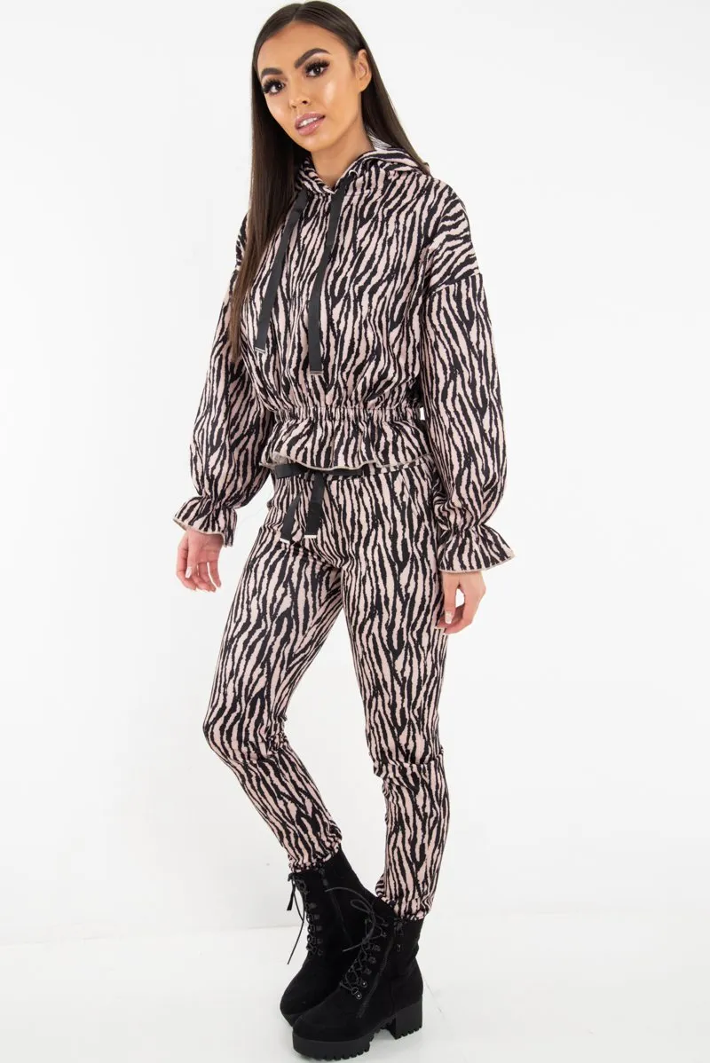 Beige Tiger Print Crepe Shirred Waist Tracksuit - Lanae