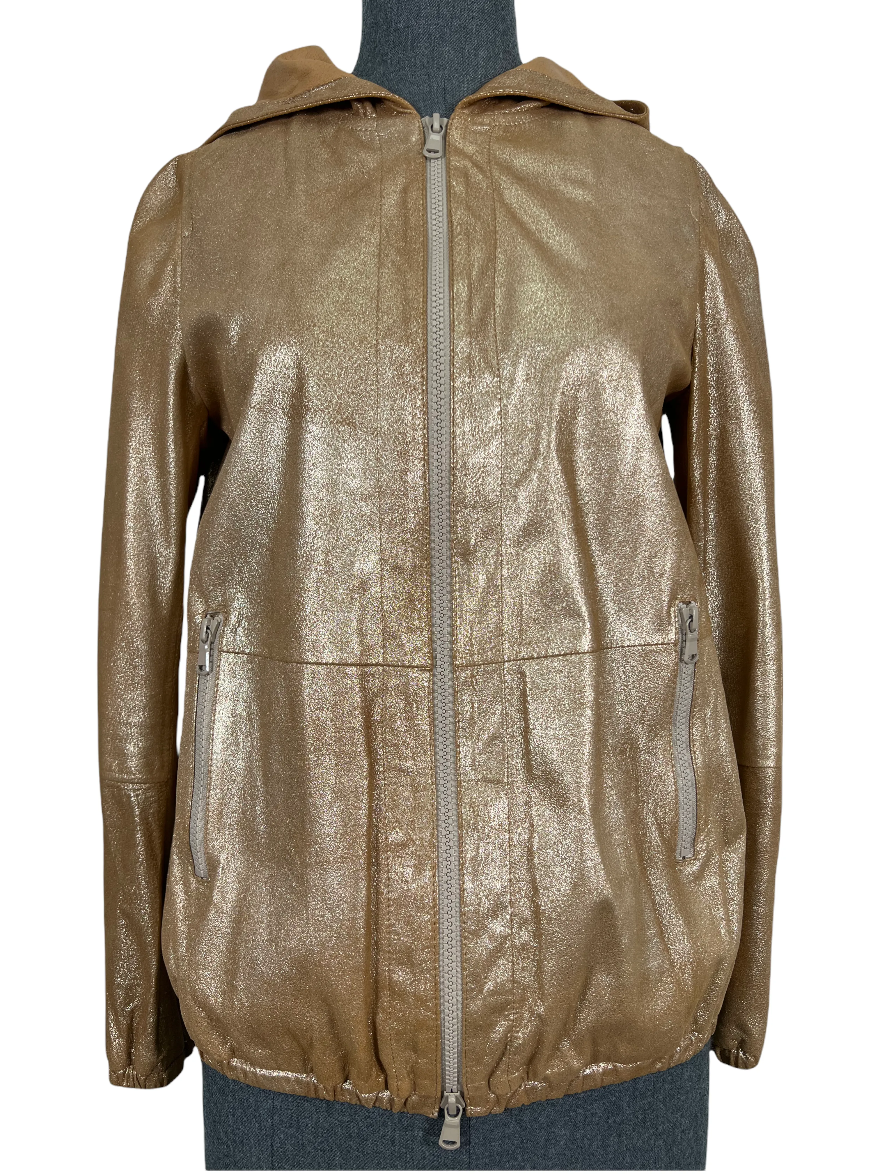 Brunello Cucinelli Metallic Leather Hooded Jacket Size 2