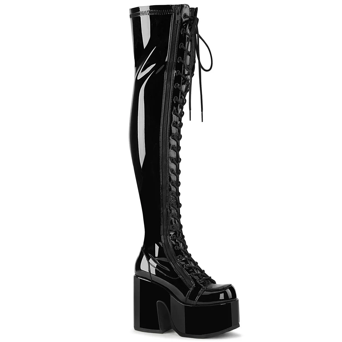 Demonia CAMEL-300 | Blk Stretch Patent Leather Above Knee Boots