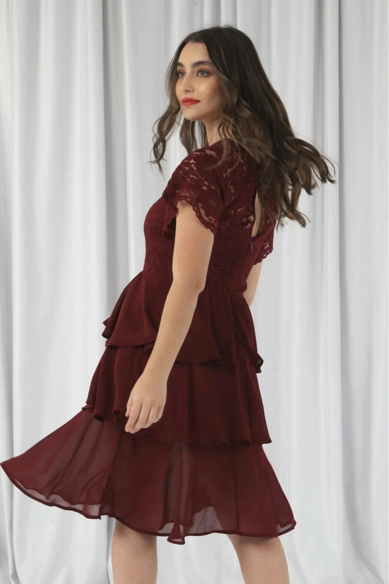 Double Second Burgundy Red Tiered Lace Dress