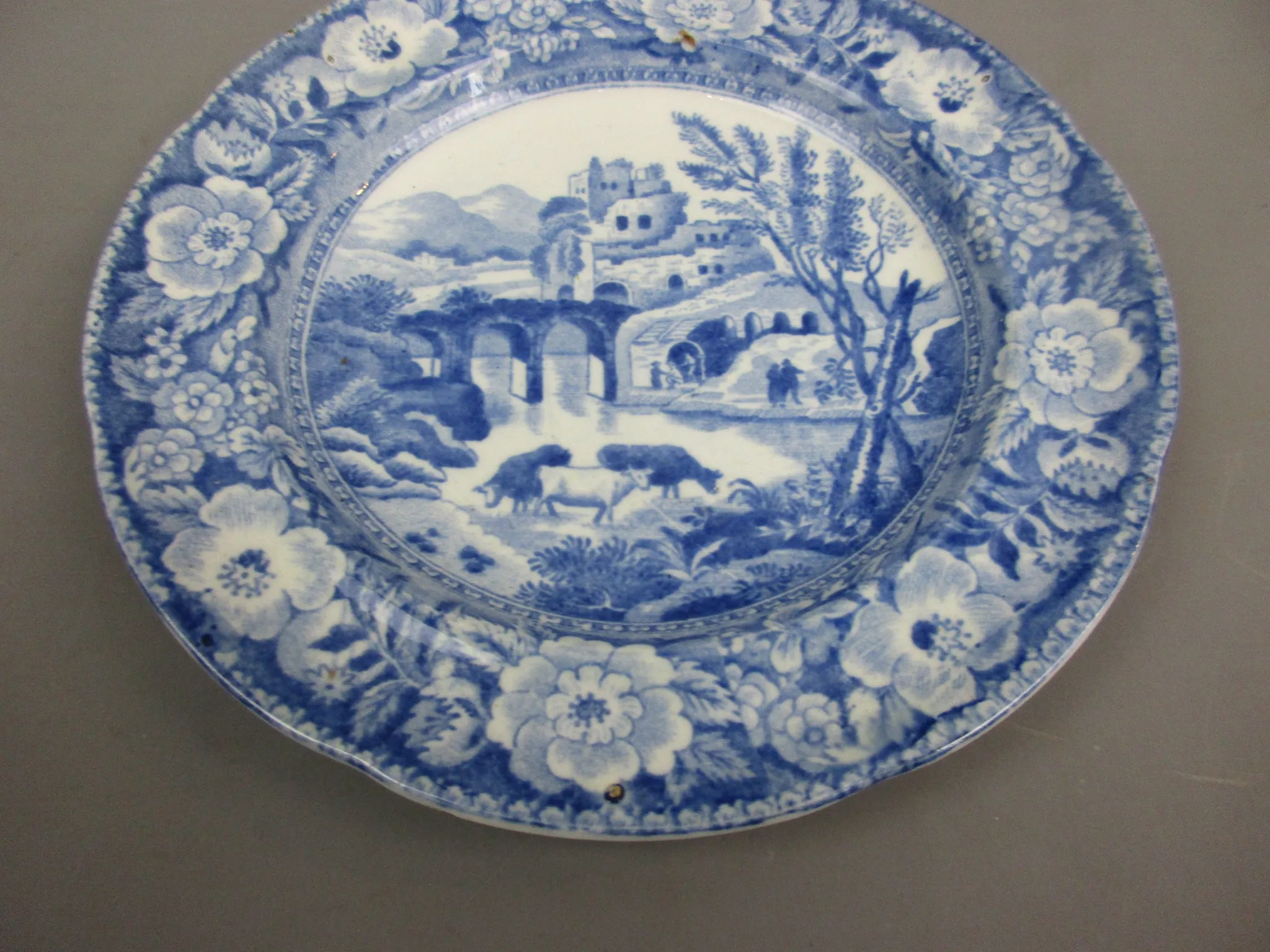 Early Blue & White Ceramic Plate With Cows Grazing Antique Georgian c1810