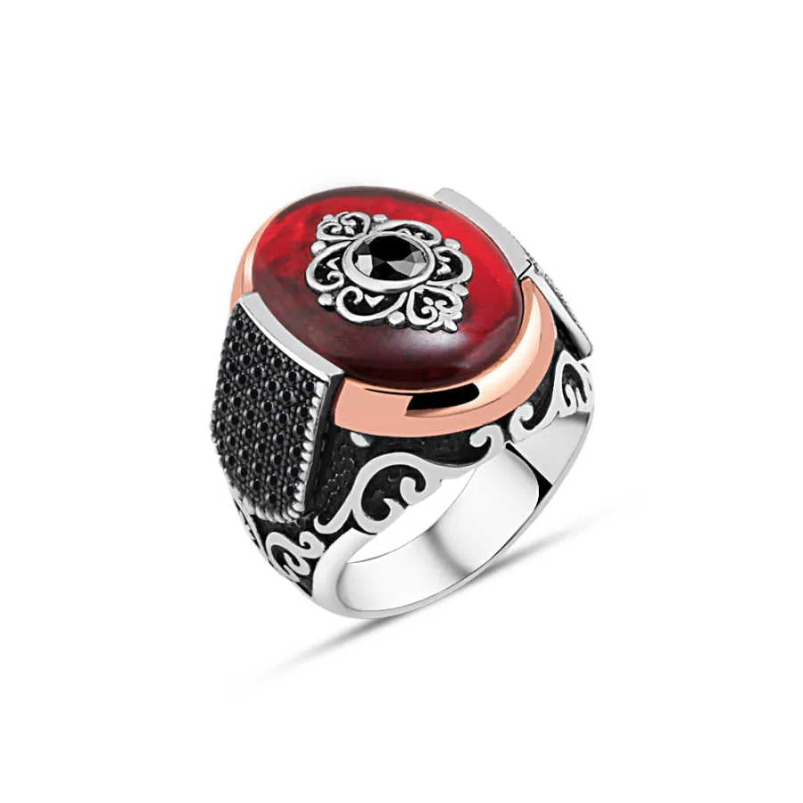 Eye Figure on Red Ellipse Synthetic Amber Stone Silver Men's Ring Siding Zircons in Epaulet Shape