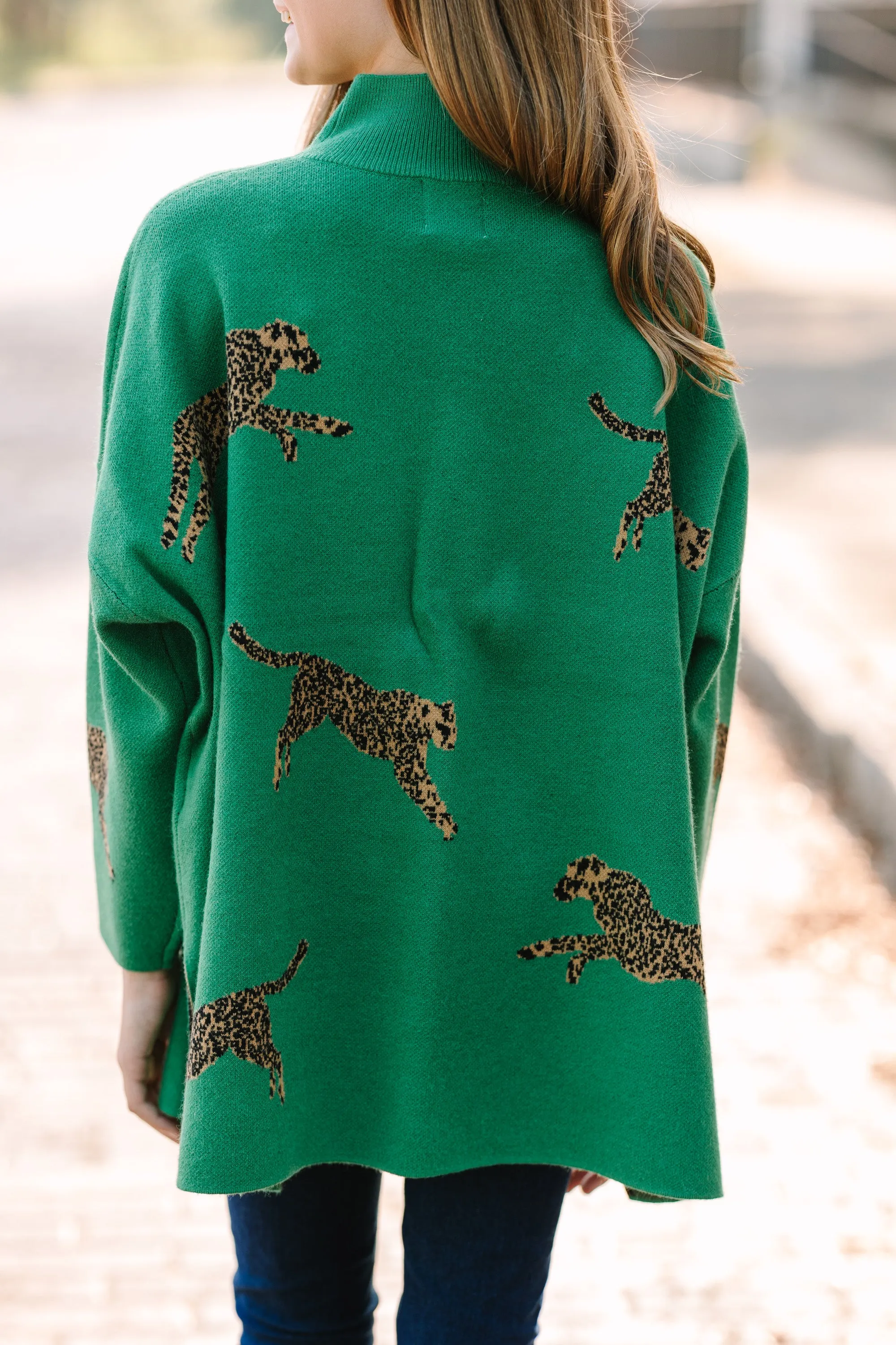 Girls: Quick Decisions Kelly Green Cheetah 3/4 Sleeve Sweater