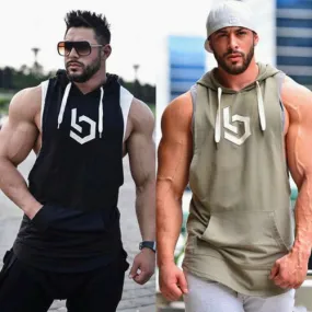 Men Sleeveless Hoodie Hooded Workout Gym Training Tank Top Running Bodybuilding