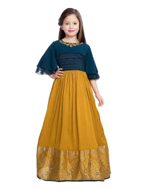 Mustard Coloured Georgette Bell Sleeve Styled Gown For Girls