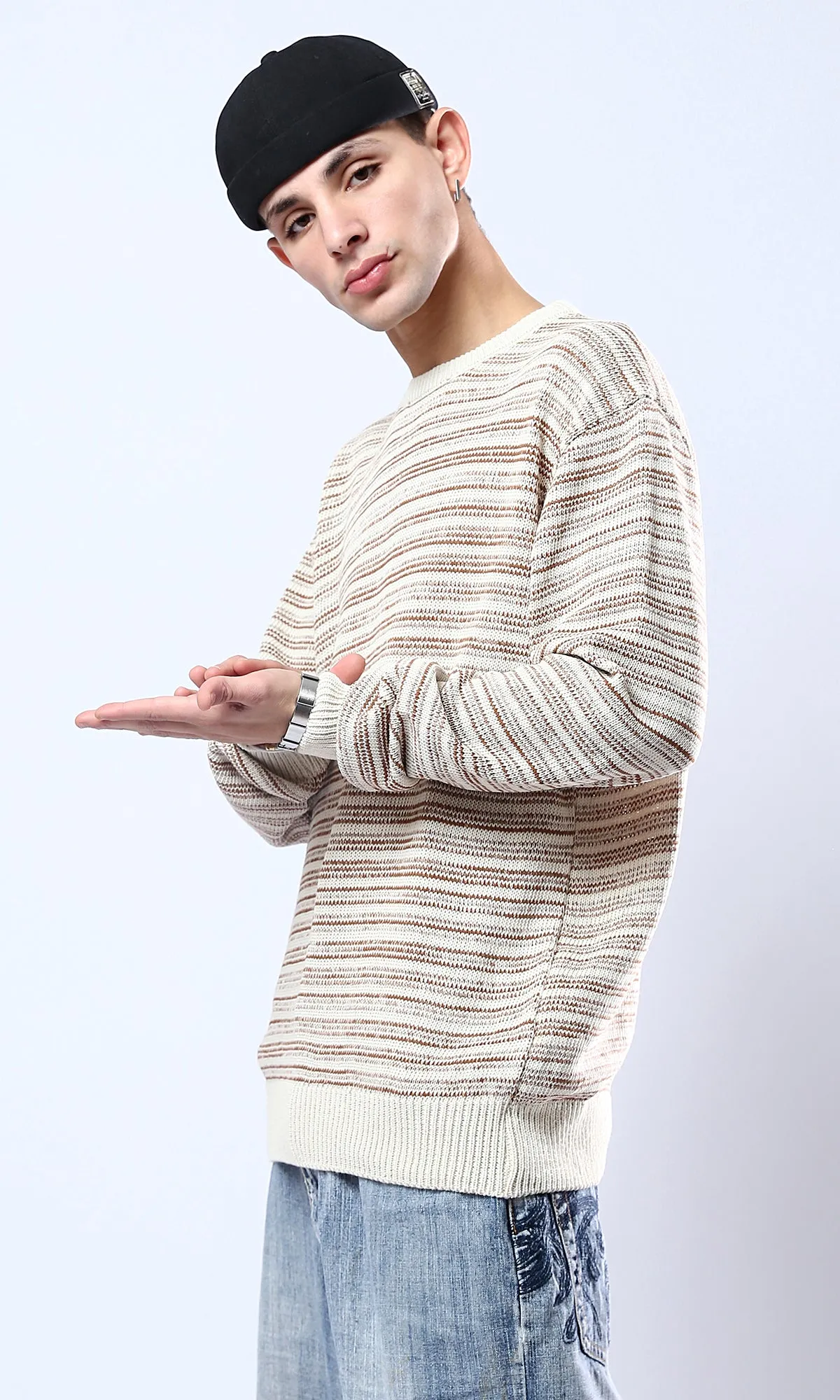 O174998 Ribbed Crew Neck Havana & Beige Pullover