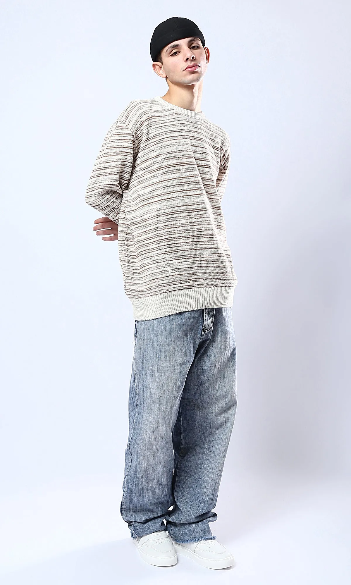 O174998 Ribbed Crew Neck Havana & Beige Pullover