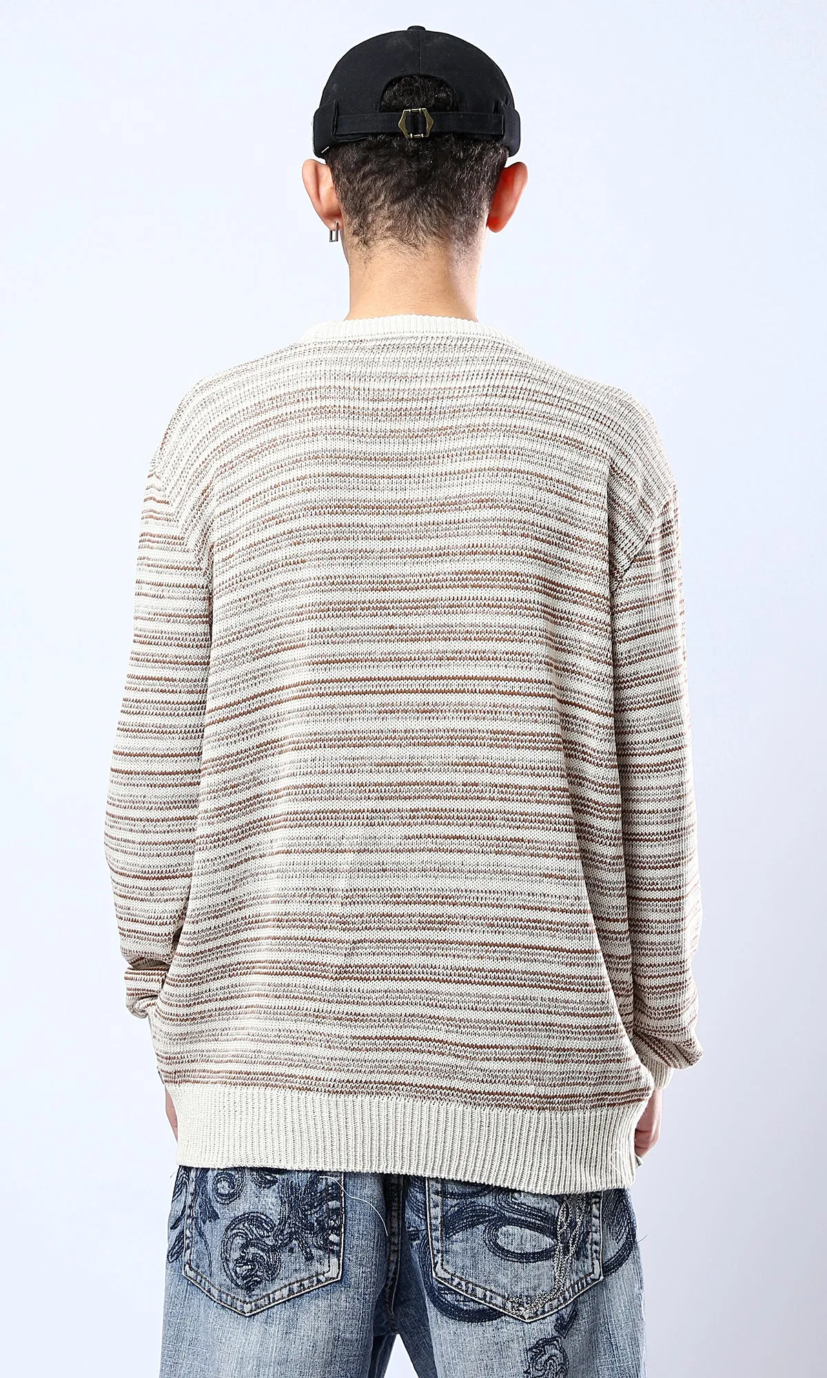 O174998 Ribbed Crew Neck Havana & Beige Pullover