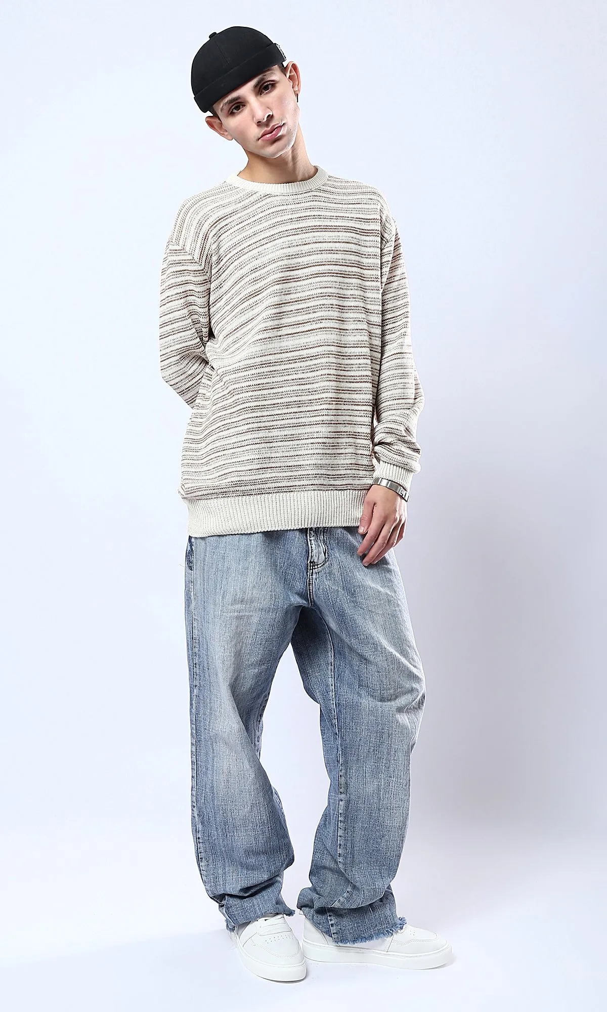 O174998 Ribbed Crew Neck Havana & Beige Pullover