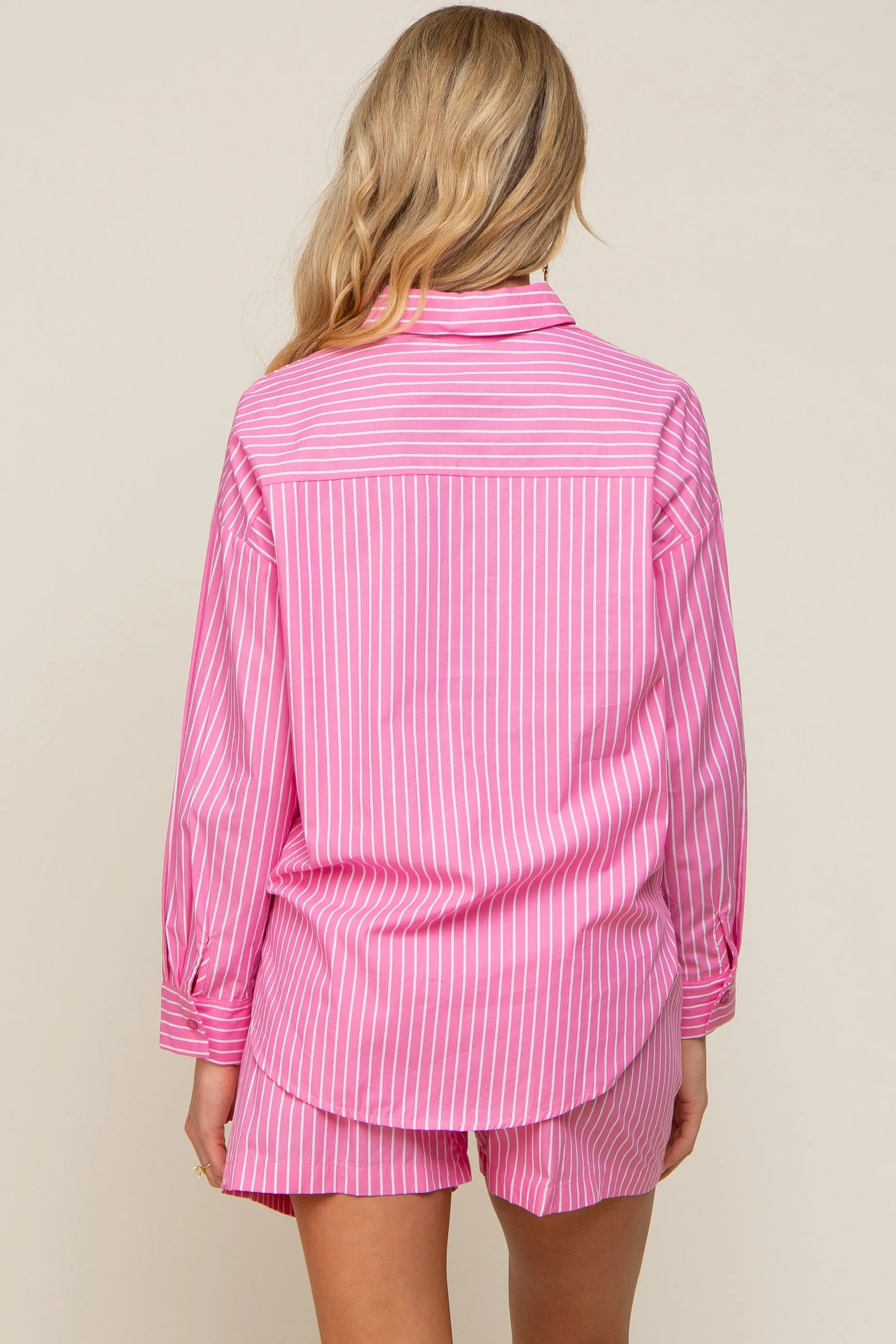 Pink Striped Button Up And Short Maternity Set