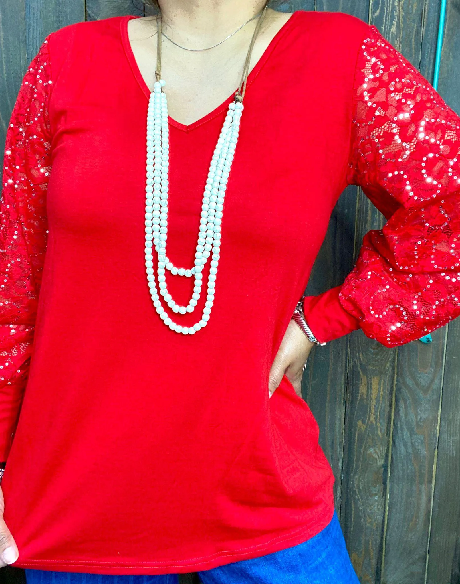 Red Top with sequin lace long sleeves