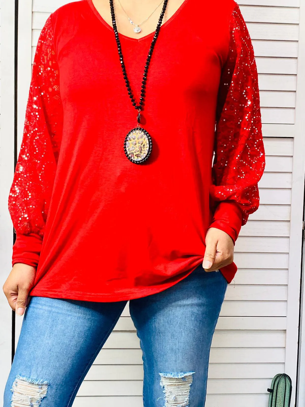 Red Top with sequin lace long sleeves