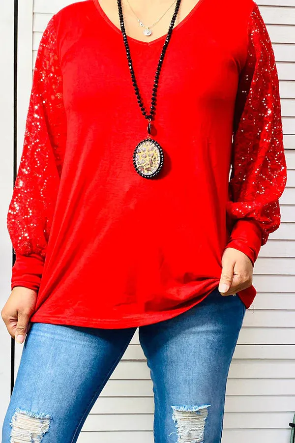 Red Top with sequin lace long sleeves