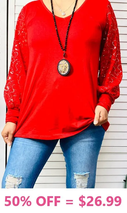 Red Top with sequin lace long sleeves