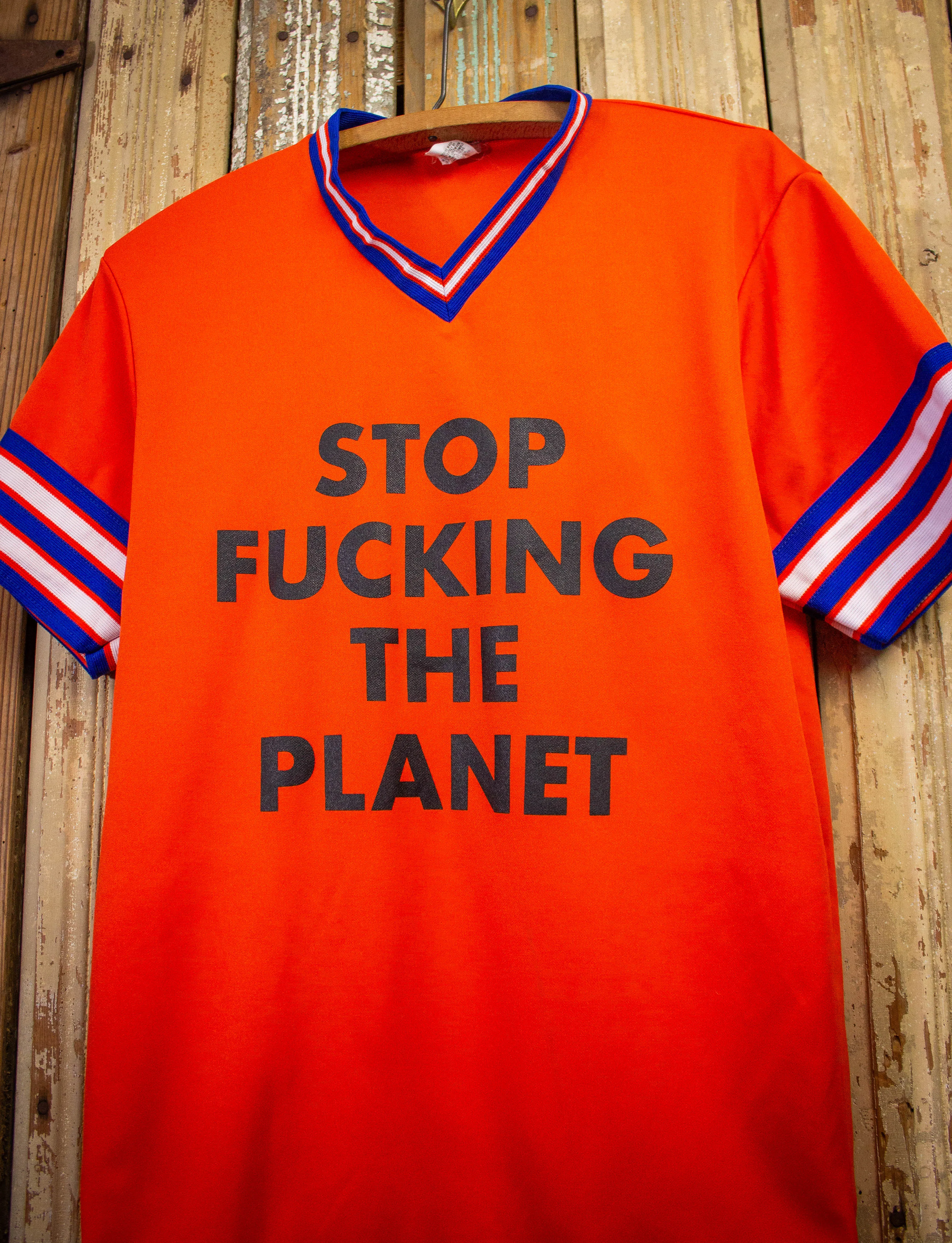 Stop Fucking The Planet Jersey Graphic T Shirt Orange Ringer Medium