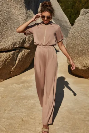 Sunset and Swim Zip Up Short Sleeve Collared Jumpsuit