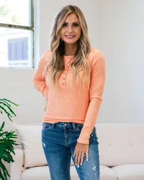 Wide Ribbed Henley Long Sleeve Top - Heather Orange